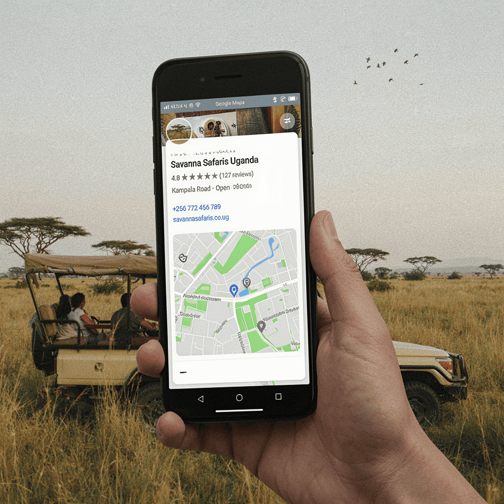 Google Business Profile listing for a Uganda safari company on a smartphone