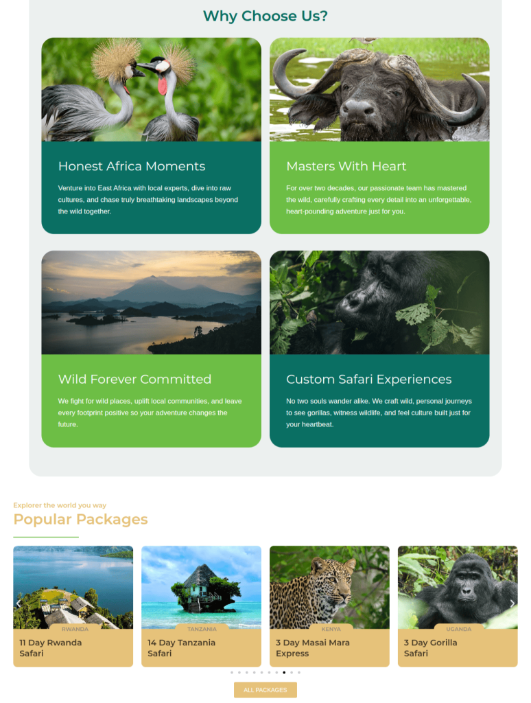 Agaca Tours landing page design by Kampala web design team