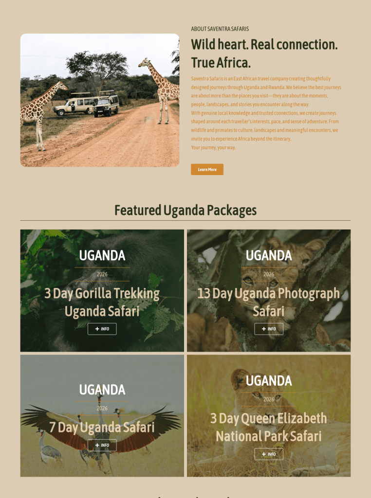 Saventra Safaris luxury safari website design in Uganda portfolio